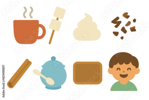 Hot Cocoa Fun. Flat vector mini-illustrations hot cocoa bar setup in colors children's illustrations: steaming mug, marshmallow