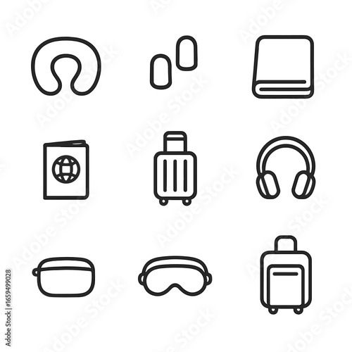 Travel Essentials Icons. Outline icon set of eye mask travel essentials: neck pillow, ear plugs, travel blanket, passport, luggage
