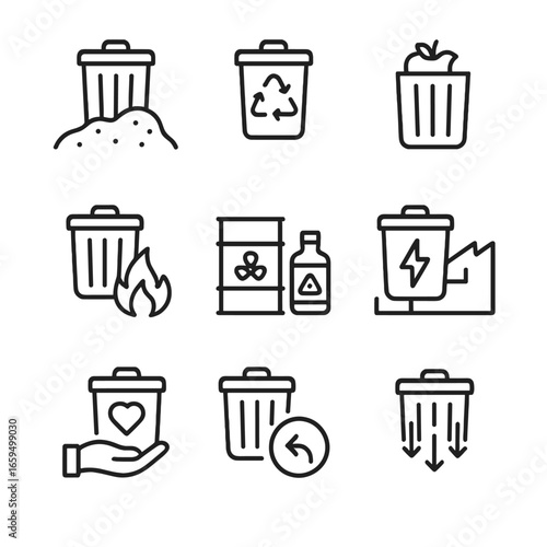Trash Disposal Icons. Outline icon set of trash can disposal methods: landfill, recycling, composting, incineration, hazardous