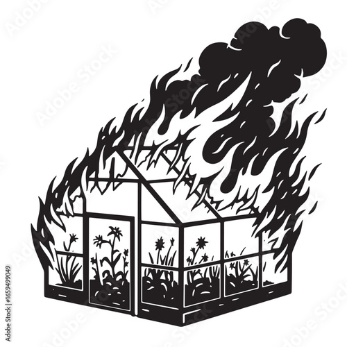 Black and white illustration of a burning greenhouse engulfed in flames with floral silhouettes