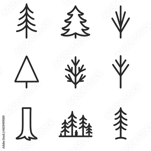 Tree Silhouette Icon Set. Outline icon set of spruce tree silhouette styles: tall spruce, bushy spruce, needle cluster shape, tree