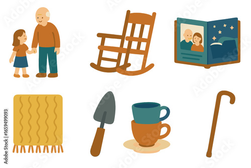 Intergenerational Connection Icons. Flat vector mini-illustrations Intergenerational relationships in colors children's