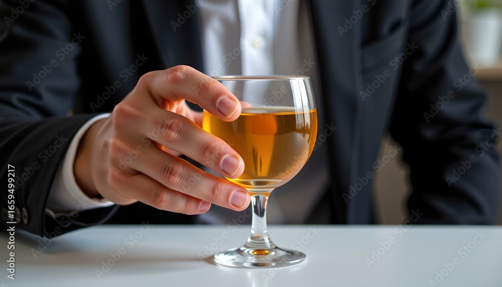 Close-up of a suited man holding a stemmed glass of golden beverage at a table, highlighting etiquette, choice, and refined hospitality. Close-up of a suited man holding a stemmed glass of golden beverage at a table, highlighting etiquette, choice, and refined hospitality.