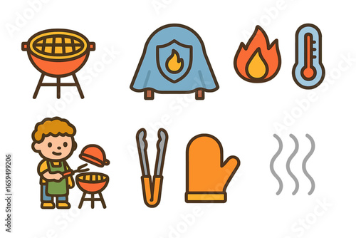 Kids' BBQ Icons. Flat vector mini-illustrations heat resistant BBQ cover ideas in colors children's illustrations: grill, heat