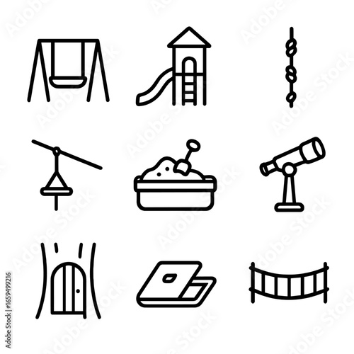 Treehouse Play Icon Set. Outline icon set of treehouse play: swing, slide, climbing rope, zip line, sandbox, telescope, secret
