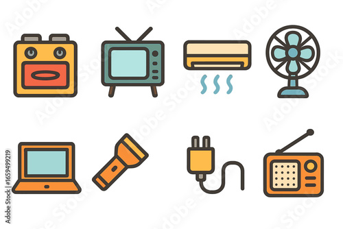 Everyday Energy Icons. Flat vector mini-illustrations energy in everyday life in colors children's illustrations: cooking stove,