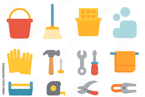 Kids' Cleaning and Tool Icons. Flat vector mini-illustrations Mop bucket and cleaning tools in colors children's illustrations: