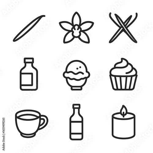 Vanilla Icon Grid. Outline icon set of vanilla products: vanilla pod, vanilla flower, vanilla beans, vanilla extract bottle,