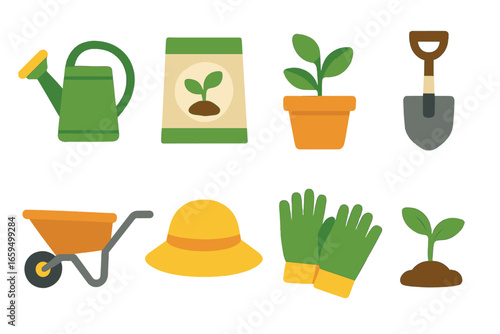 Kids' Garden Icons. Flat vector mini-illustrations Cross-generation gardening in colors children's illustrations: watering can,