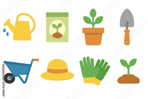 Kids' Garden Icons. Flat vector mini-illustrations Cross-generation gardening in colors children's illustrations: watering can,