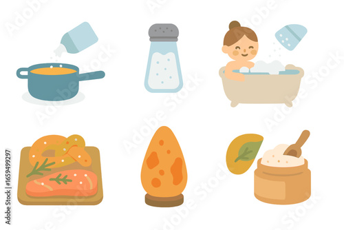 Everyday Salt Uses. Flat vector mini-illustrations salt uses in daily life in colors children's illustrations: cooking salt, salt