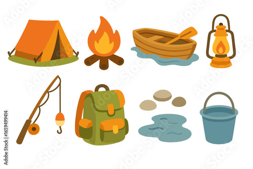 Camping Adventure Icons. Flat vector mini-illustrations camping near riverbanks in colors children's