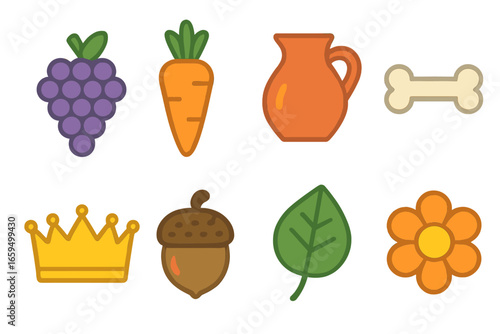 Fable Icon Grid. Flat vector mini-illustrations fable props in colors children's illustrations: grapes, carrot, pitcher, bone,