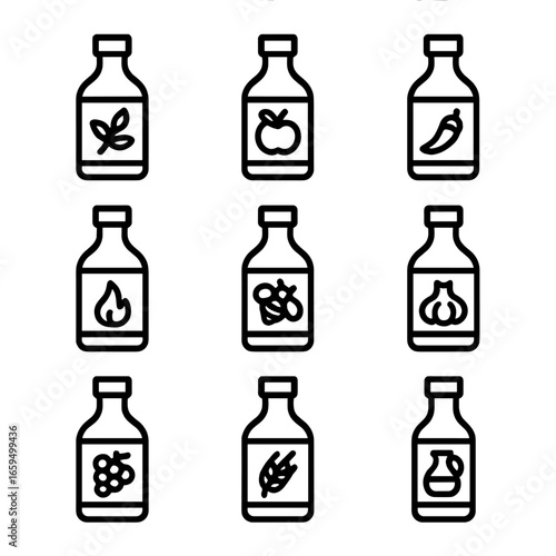 Vinegar Icon Collection. Outline icon set of vinegar flavored varieties: herb infused, fruit infused, spicy, smoked, honey vinegar
