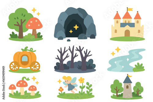 Fairy Tale Icons. Flat vector mini-illustrations fairy tale settings in colors children's illustrations: enchanted forest,