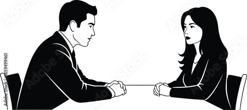 Illustration of a tense business negotiation between a man and a woman pulling a rope
