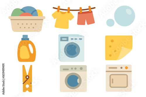 Laundry Day Icons. Flat vector mini-illustrations Laundry bucket and washing day in colors children's illustrations: laundry