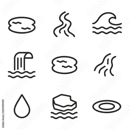 Water Icon Set. Outline icon set of water bodies: lake, river, ocean wave, waterfall, pond, stream, raindrop, ice floe, water