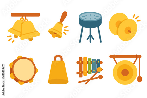 Festival Sound Icons. Flat vector mini-illustrations clang in festival sounds in colors children's illustrations: church bells,