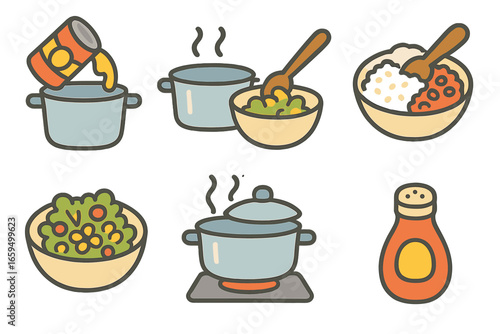 Canned Meal Prep Icons. Flat vector mini-illustrations Preparing meals from canned food in colors children's