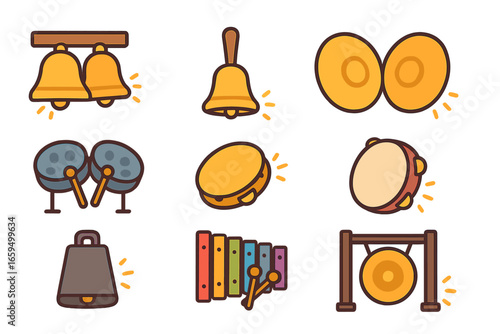 Festival Sound Icons. Flat vector mini-illustrations clang in festival sounds in colors children's illustrations: church bells,