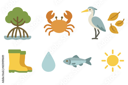 Mangrove Mini Illustrations. Flat vector mini-illustrations mangrove forest habitats in colors children's illustrations: mangrove