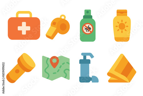 Camping Safety Essentials. Flat vector mini-illustrations Camping safety and first aid in colors children's