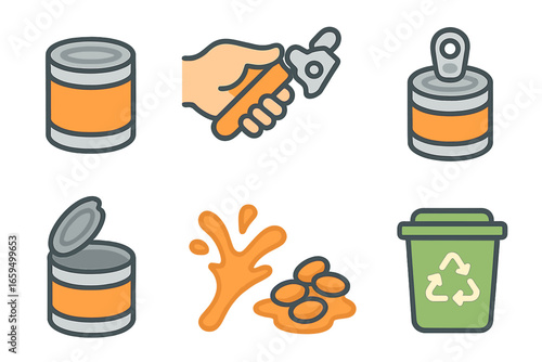 Can Opening Icons. Flat vector mini-illustrations Opening a can in colors children's illustrations: sealed can