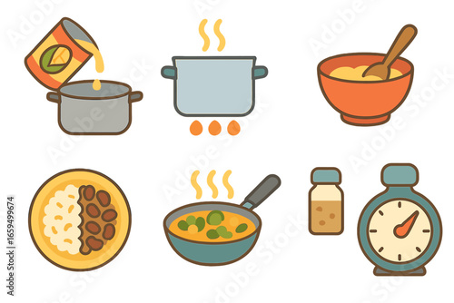 Canned Meal Prep Icons. Flat vector mini-illustrations Preparing meals from canned food in colors children's