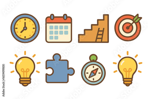Career Icons for Children. Flat vector mini-illustrations Time management in career development in colors