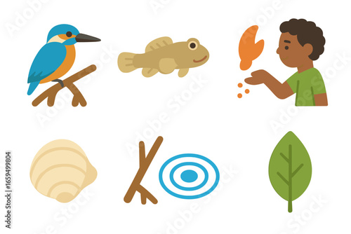 Mangrove Wildlife Icons. Flat vector mini-illustrations mangrove wildlife interactions in colors children's illustrations: