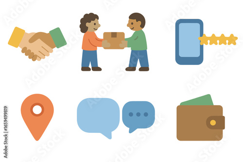 Marketplace and Gig Icons. Flat vector mini-illustrations Peer to peer marketplaces in colors children's illustrations: handshake,