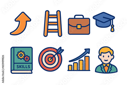 Career Growth Icons. Flat vector mini-illustrations Career development in colors children's illustrations: