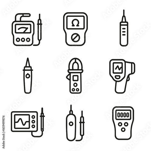 Wire Testing Icons. Outline icon set of wire insulation testing: insulation resistance tester, megohmmeter, continuity tester,
