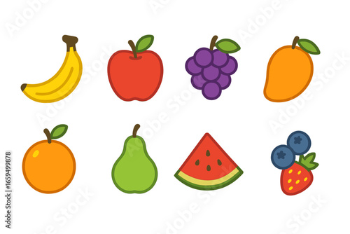 Fruity Vector Icons. Flat vector mini-illustrations carbohydrate rich fruits in colors children's illustrations: banana, apple,