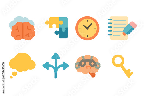 Memory and Addiction Icons. Flat vector mini-illustrations Memory loss effects in colors children's illustrations: brain with fog,