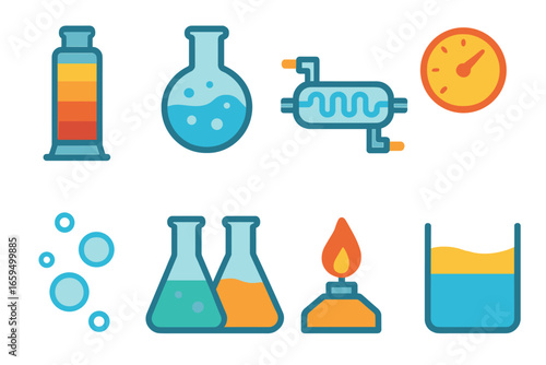 Fractional Distillation Icons. Flat vector mini-illustrations fractional distillation in colors children's illustrations: