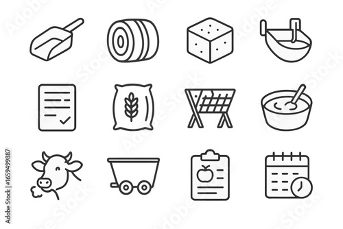 Cattle Feeding Icons. Outline vector icons of cattle nutrition and feeding: feed scoop, silage bale, mineral