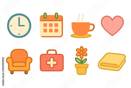 Caregivers' Cozy Breaks. Flat vector mini-illustrations short breaks for caregivers in colors children's
