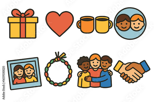 Celebrating Friendship Icons. Flat vector mini-illustrations celebrating friendships in colors children's