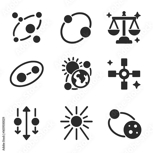 Celestial Gravity Icons. Solid, filled icons set of celestial gravity balance: Lagrange points, two-body orbit