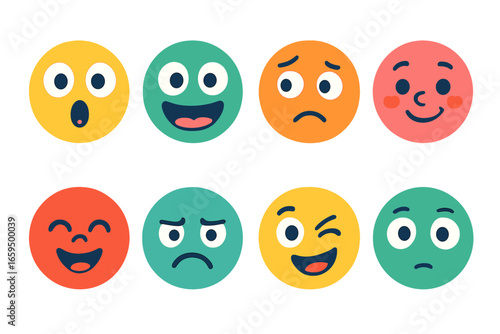 Funny Children's Faces. Flat vector mini-illustrations funny expressions in colors children's illustrations: surprised face, silly