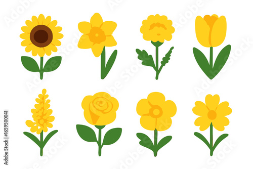 Yellow Flowers and Objects. Flat vector mini-illustrations yellow flowers in colors children's illustrations: sunflower, daffodil,