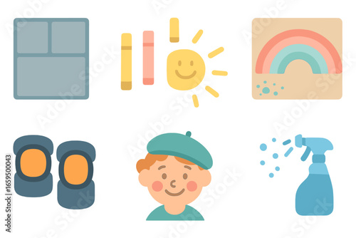 Chalk Art Festivity. Flat vector mini-illustrations Large-scale chalk art on pavement in colors children's