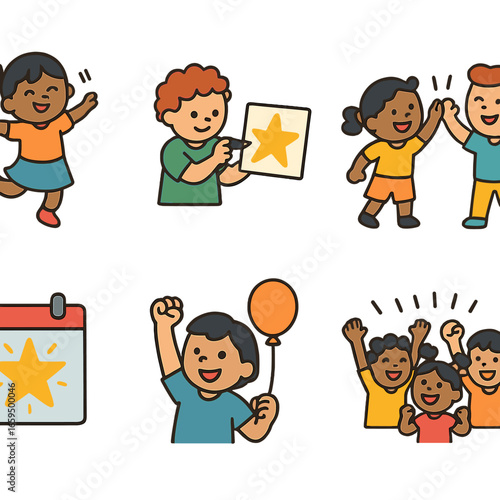 Celebrate Small Wins. Flat vector mini-illustrations celebrating small wins in colors children's illustrations