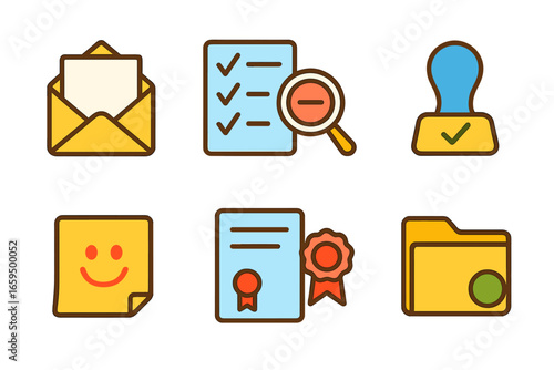 Certification Steps Icons. Flat vector mini-illustrations Certification process steps in colors children's