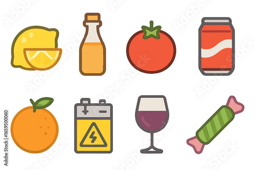 Acidic Substances Icons. Flat vector mini-illustrations acidic substances in colors children's illustrations: lemon, vinegar