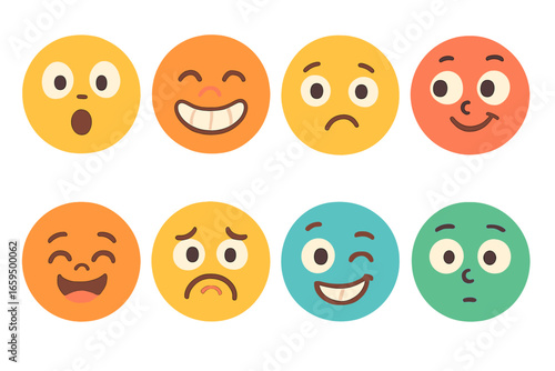 Funny Children's Faces. Flat vector mini-illustrations funny expressions in colors children's illustrations: surprised face, silly