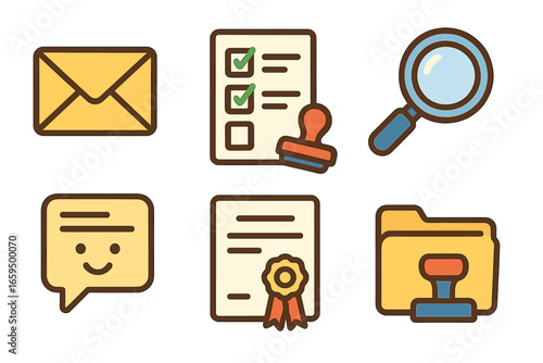 Certification Steps Icons. Flat vector mini-illustrations Certification process steps in colors children's