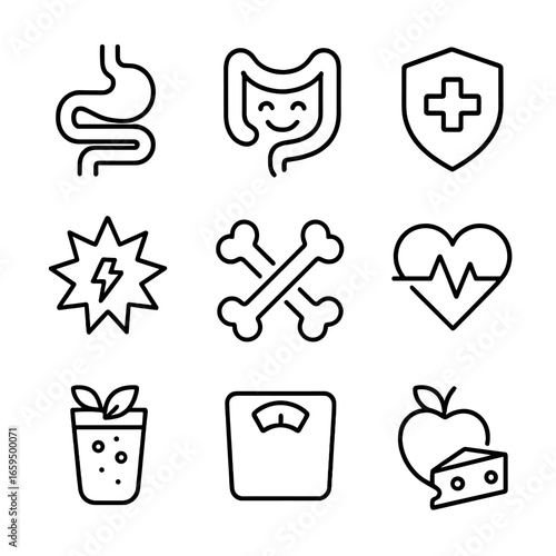 Yogurt Health Icons. Outline icon set of yogurt health and wellness: digestive system, happy gut, immune shield, energy burst,